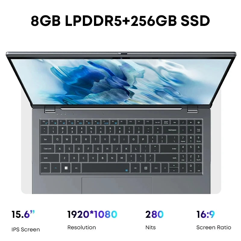 CHUWI GemiBook Plus Laptop 15.6'' FHD, 256GB SSD 8GB RAM,Intel Alder Lake N100 (Up to 3.4GHz) Windows 11 Laptops 38WH HDMI WiFi6