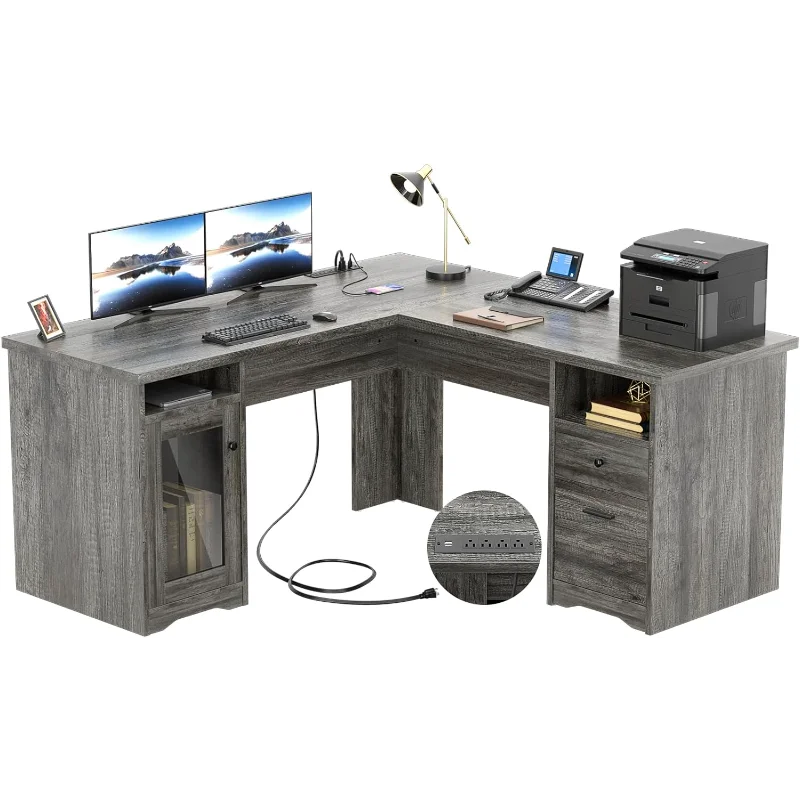 Unikito L Shaped Desk with Drawers, 60 Inch Corner Computer Desks with USB Charging Port and Power Outlet, Large 2 Person Home