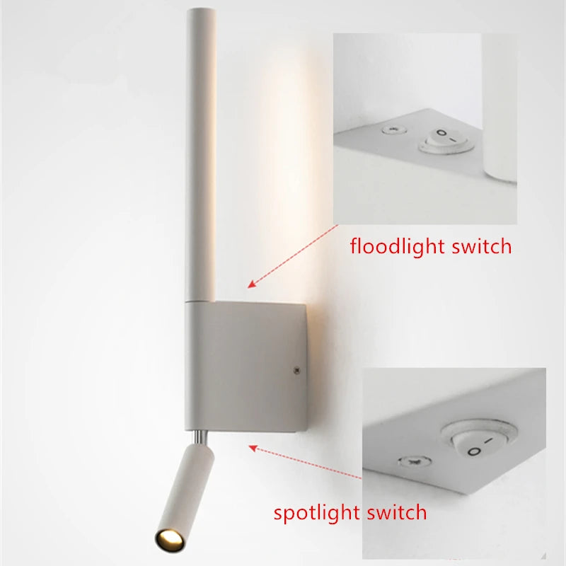 Bedside LED Wall Lamp With Rotatable Angle Spotlight Nordic Adjustable Wall Sconce Reading Light Bedroom Metal+Acryl Night Light