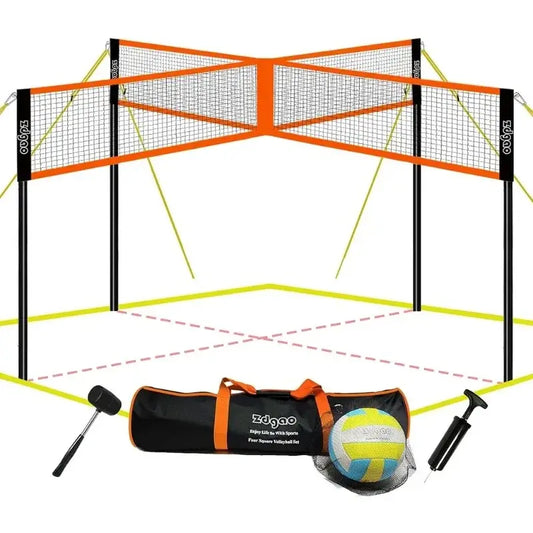 4-Way Volleyball and Badminton Combo Net with Soft Volleyball, Rubber Hammer and Carry Bag - Adjustable Height Four Square