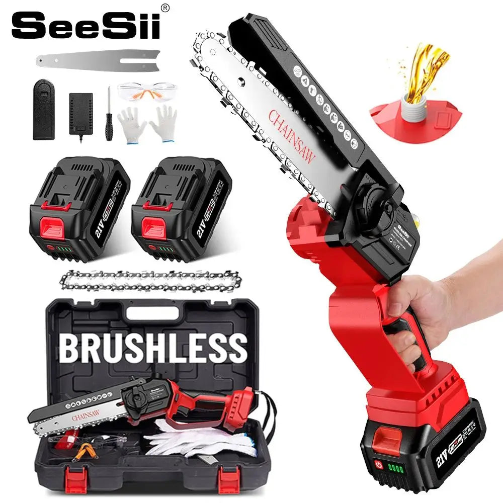 SEESII 6 Inch Brushless Chainsaw Cordless Mini Electric Saw with Battery 1500W Handheld Pruning Saw Garden Wood Cutting Tool