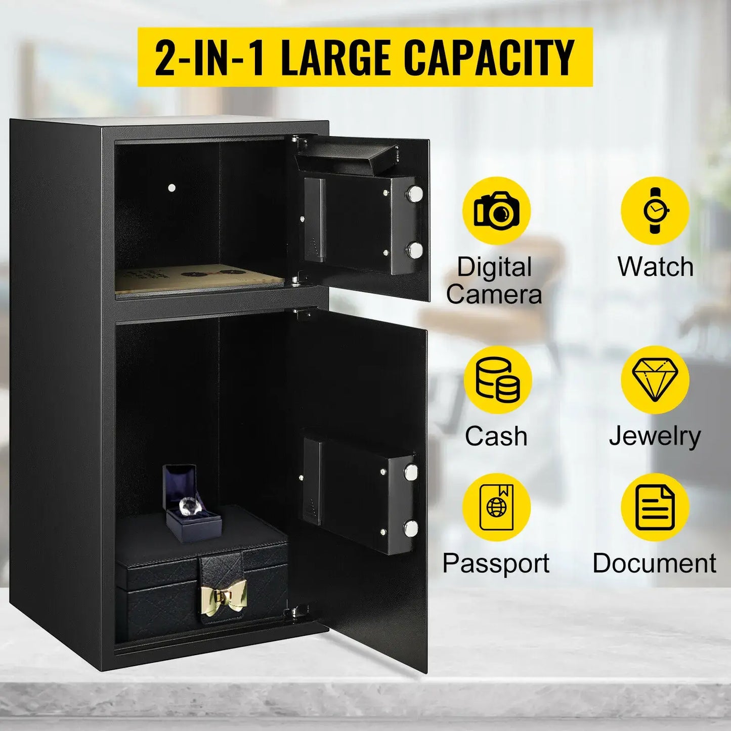 VEVOR 33" Double Door Safe Deposit Box Secret Hidden Piggy Bank Steel Separate Storage Space Electronic Lock Use for Office Home